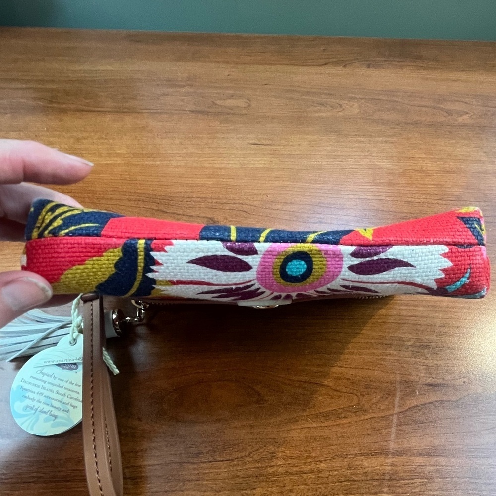NWT Spartina Floral Natural Linen Genuine Leather Clutch Detachable Strap Tassel - Picture 10 of 13